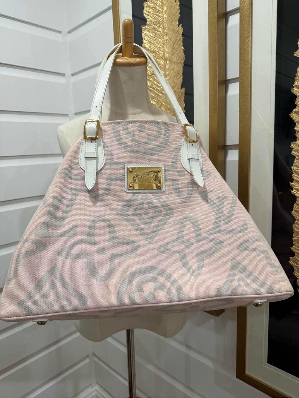 Louis Vuitton Pink and White Monogram Canvas Tote with Gold Hardware